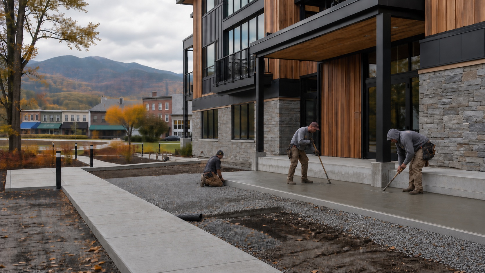 Construction crew completing concrete and site work at a New England property