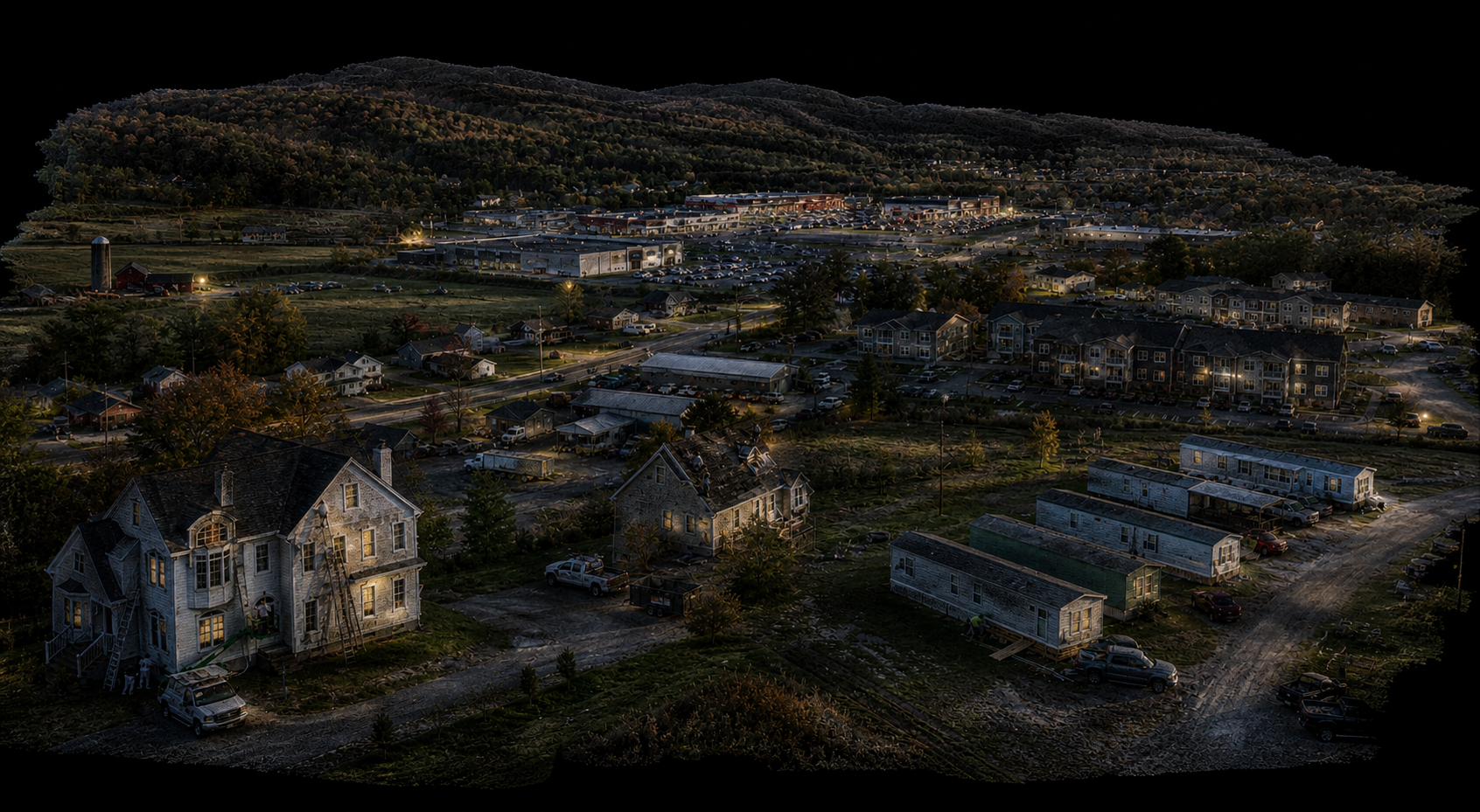 Polycam-style Vermont town scan with homes, apartments, commercial buildings, roads, and mobile homes